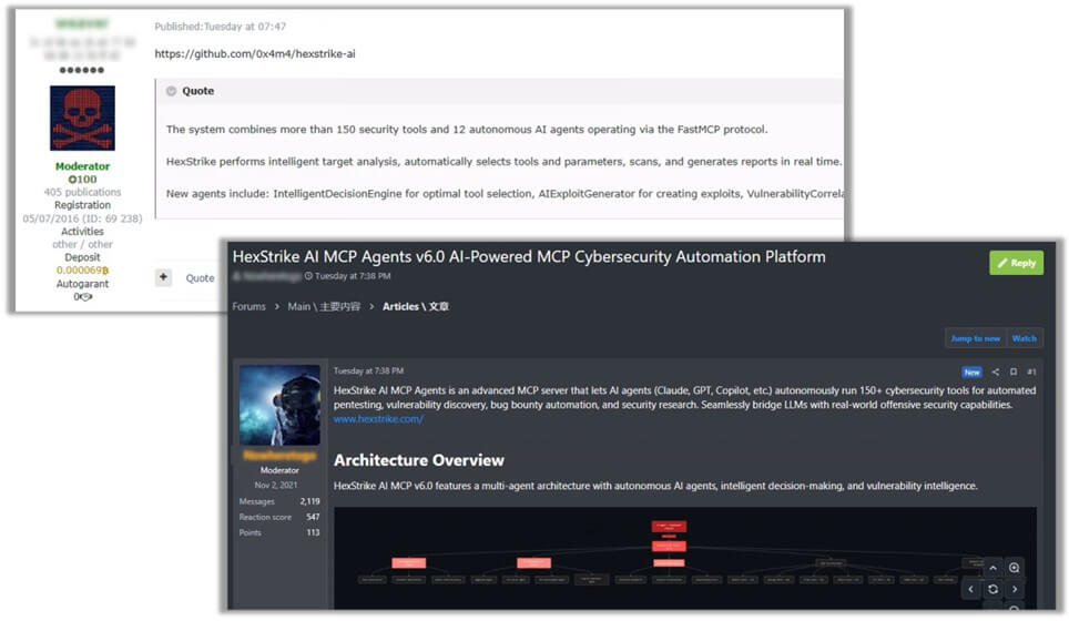 Dark web posts discussing HexStrike AI, shortly after its release.