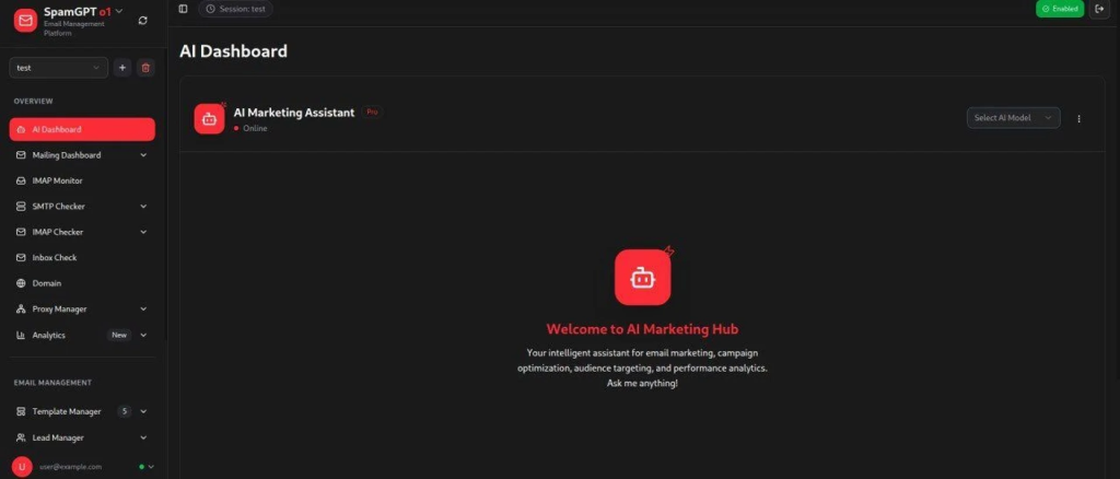 SpamGPT’s AI powered dashboard featuring an integrated AI assistant.
