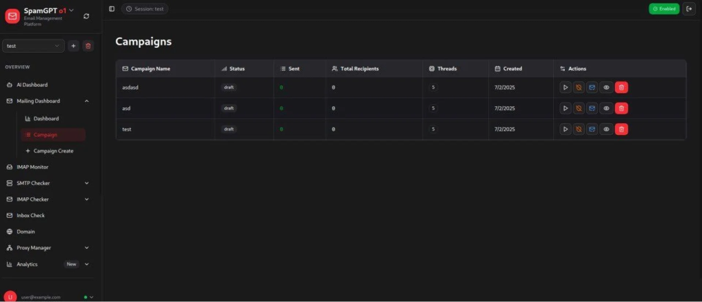 SpamGPT’s mailing dashboard with statistics.