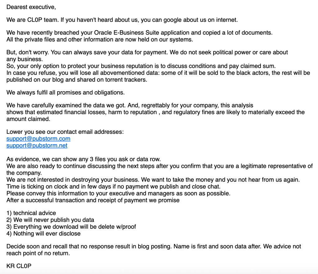 Extortion email sent to victim executives