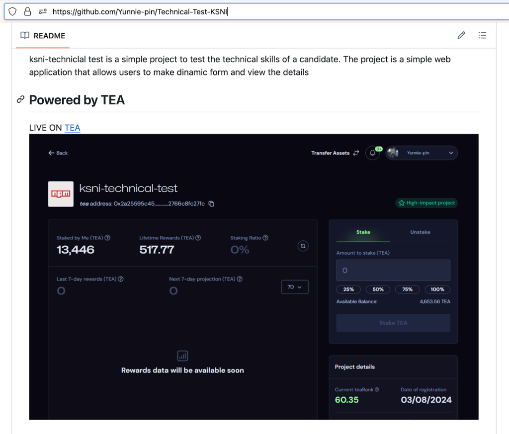 The documentation of one of the attacker-controlled packages lists the amount of TEA tokens earned by the package