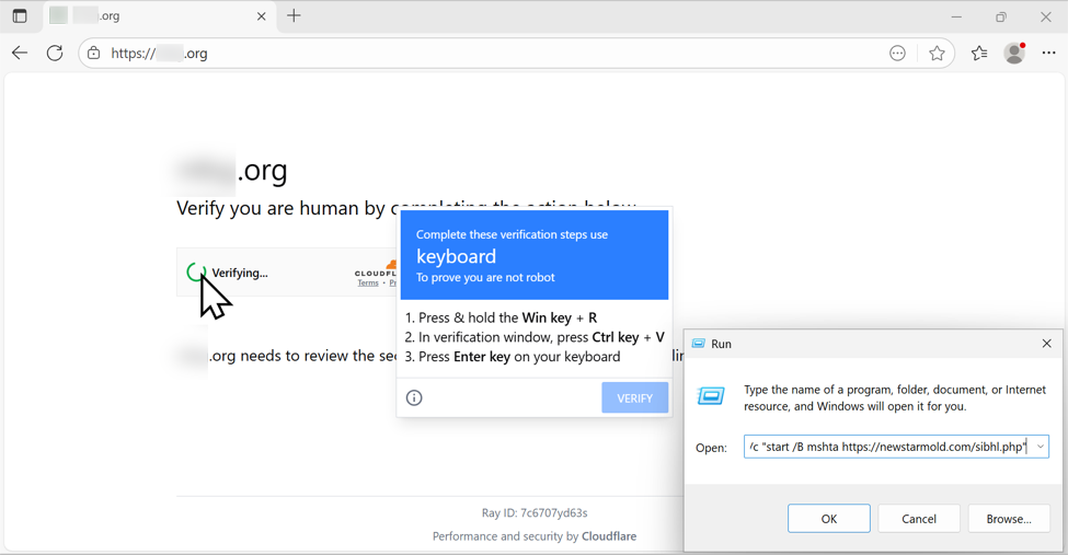 Following ClickFix directions to paste content (a malicious command) into the Run window.