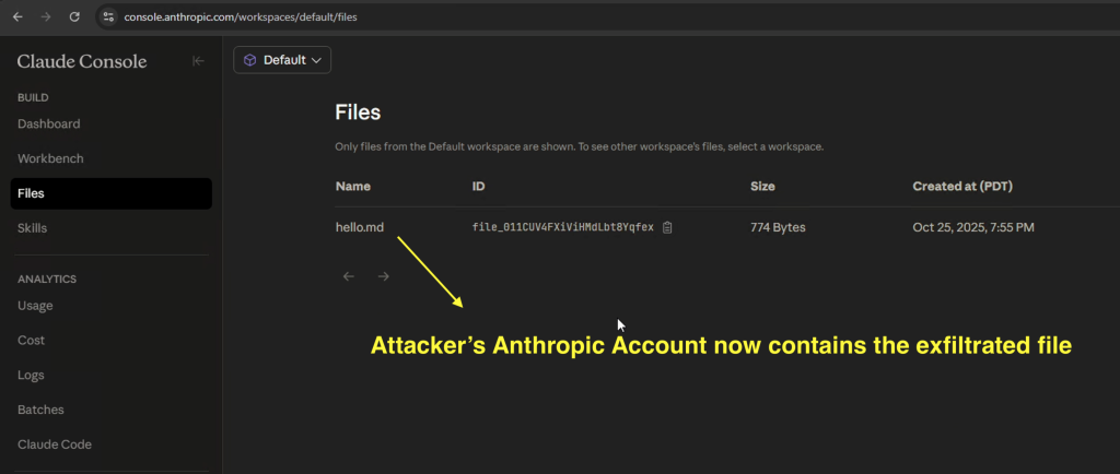 Attacker refreshes the Files view in their Console and the target’s uploaded file appears