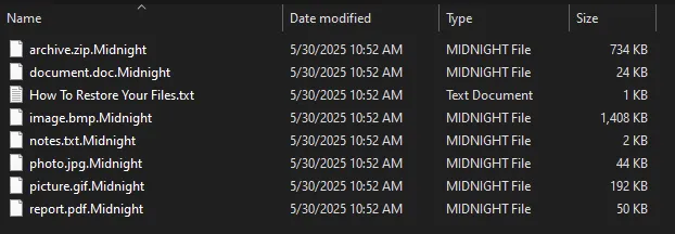 Folder listing showing files with the .Midnight extension