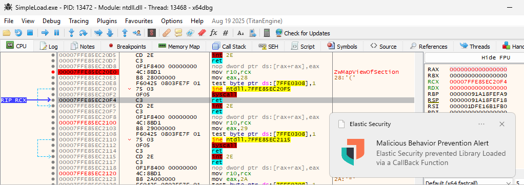 Stepping over the syscall instruction, the alert will trigger:
