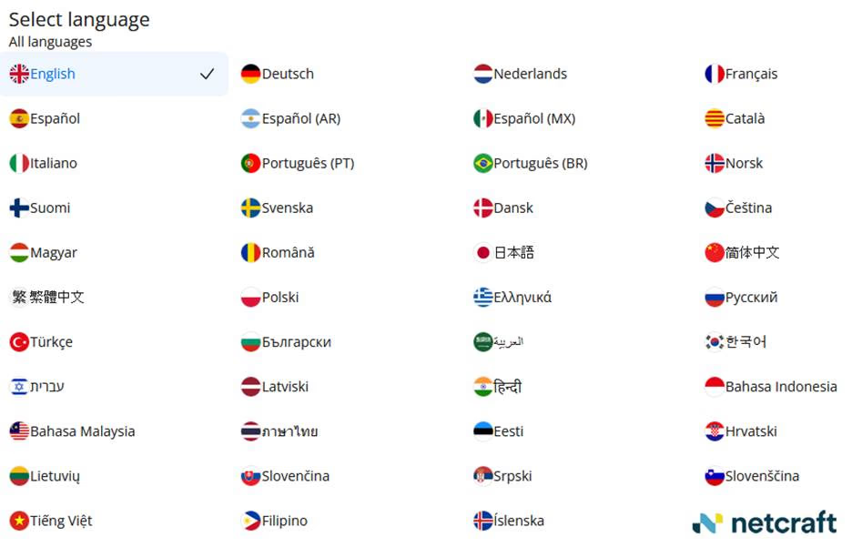 Translations of the phishing page are available in 43 different languages.