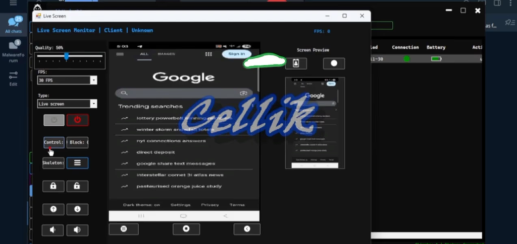 Cellik live screen streaming/remote control view from the operator panel.